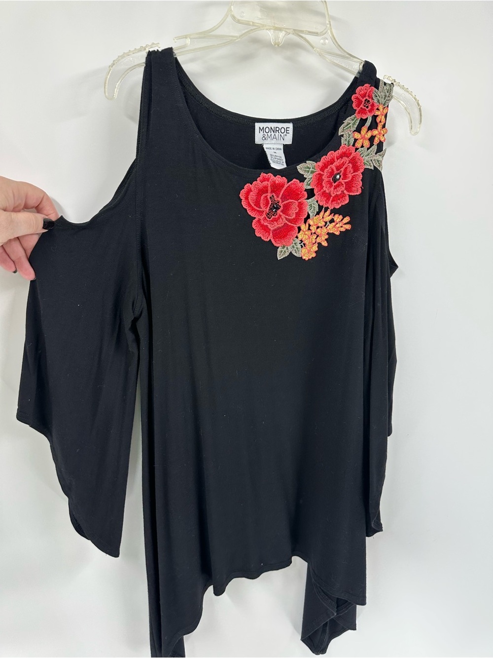 Monroe & Main Black Cold-Shoulder Tunic with Pink Floral Appliqué